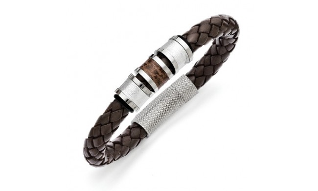 Chisel Stainless Steel Polished Brown Leather Black Rubber Bracelet