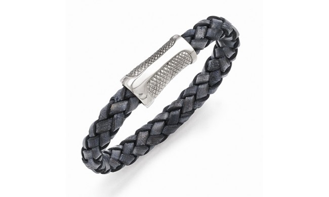 Chisel Stainless Steel Polished/Textured And Denim Blue Woven Leather Bracelet