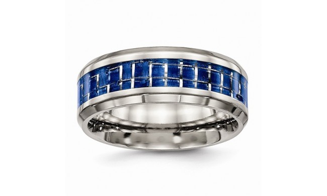 Chisel Titanium Polished Blue And White Carbon Fiber Inlay Men's Ring