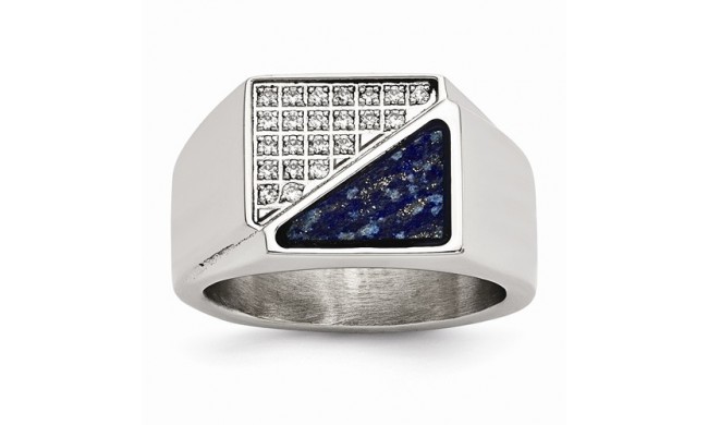 Chisel Stainless Steel Polished With Lapis Lazuli Inlay And CZ Men's Ring