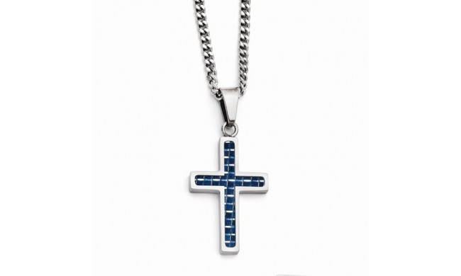 Chisel Stainless Steel Blue Carbon Fiber Inlay Polished Small Cross Necklace