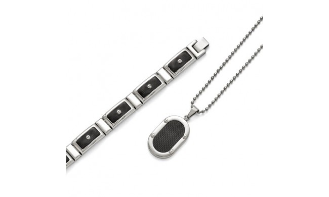 Chisel Stainless Steel Polished Black Carbon Fiber Bracelet/Necklace Set