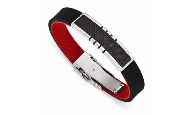 Chisel Stainless Steel Polished Carbon Fiber ID Black And Red Rubber Bracelet