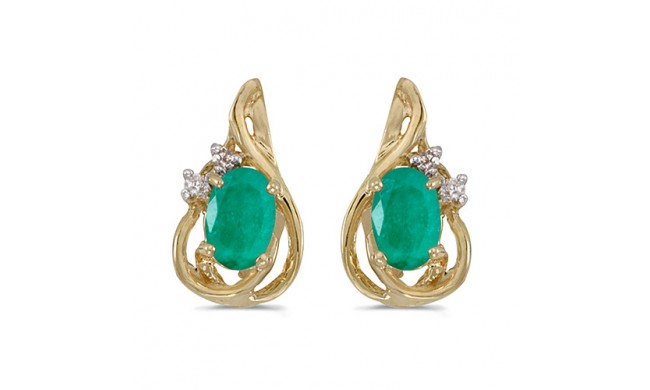 10k Yellow Gold Oval Emerald And Diamond Teardrop Earrings