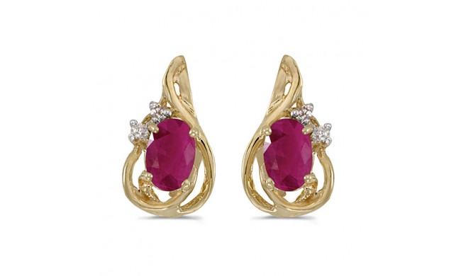 10k Yellow Gold Oval Ruby And Diamond Teardrop Earrings