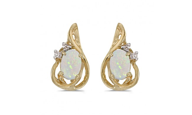 10k Yellow Gold Oval Opal And Diamond Teardrop Earrings