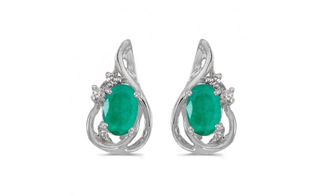 10k White Gold Oval Emerald And Diamond Teardrop Earrings