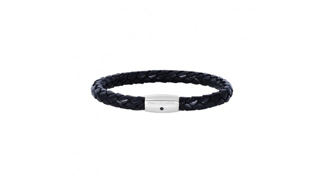 Sterling Silver 8 Inch Rhodium Finish Shiny Black Weaved Cow Leather Bracelet With 1-Sapphire on Barrel Magnetic Clasp