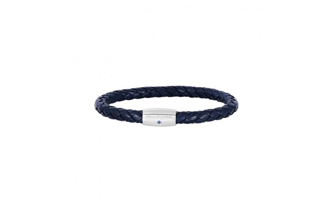 Sterling Silver 8 Inch Rhodium Finish Shiny Blue Weaved Cow Leather Bracelet With 1-Sapphire on Barrel Magnetic Clasp