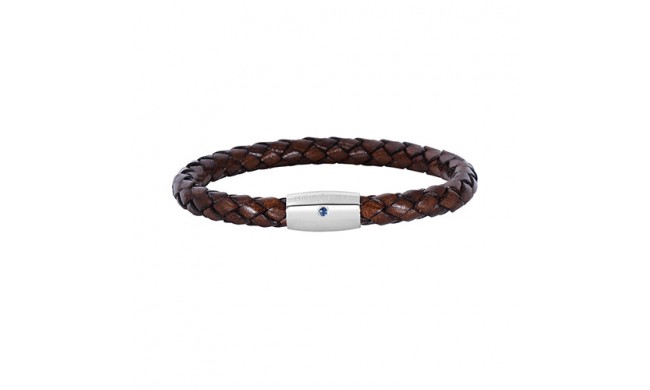 Sterling Silver 8 Inch Rhodium Finish Shiny Brown Weaved Cow Leather Bracelet With 1-Sapphire on Barrel Magnetic Clasp