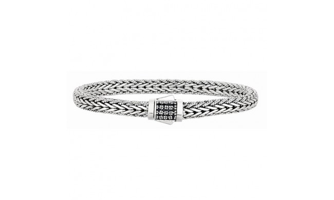 Sterling Silver 7 Inch Oxidized Weave Bracelet with 1.7mm Black Sapphire Center Cluster and Fancy Box Clasp