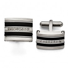 Chisel Stainless Steel Polished/Brushed Black Rubber 0.15ct.Tw. Diamond Cuff Link