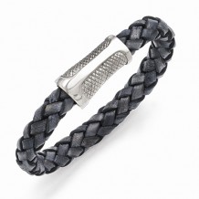 Chisel Stainless Steel Polished/Textured And Denim Blue Woven Leather Bracelet