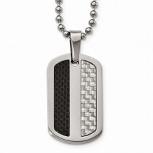 Chisel Stainless Steel Polished Black/Gray Carbon Fiber Dogtag Necklace