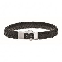 Sterling Silver 7.25 Inch 4x6mm Soft Square Weave Black Leather Bracelet with Round Faceted 1.8mm Black Sapphire Rectangular Cluster Center and Box Clasp