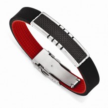 Chisel Stainless Steel Polished Carbon Fiber ID Black And Red Rubber Bracelet