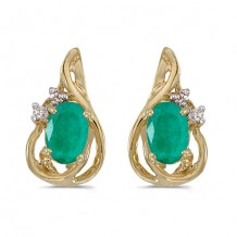 10k Yellow Gold Oval Emerald And Diamond Teardrop Earrings