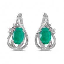 10k White Gold Oval Emerald And Diamond Teardrop Earrings