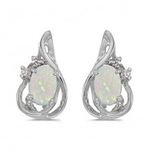 10k White Gold Oval Opal And Diamond Teardrop Earrings