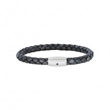 8 Inch Gray Braided Leather Bracelet with Rhodium Finish Silver Magnetic Clasp with Single Blue Sapphire