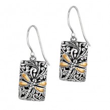 18kt Yellow Gold and Sterling Silver Oxidized Dragonfly Long Rectan gular Drop Earrings.