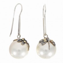 18kt Yellow Gold and Sterling Silver with Oxidized Finish Fancy Dragonfly Drop Earring with White Pearl.