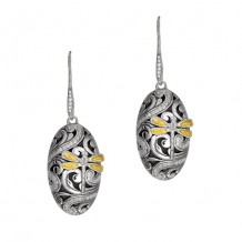 18kt Yellow Gold and Sterling Silver 0.54ct. Domed Oval Drop Earring with Dragonfly and French Wire Clasp