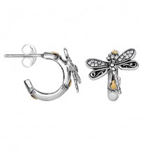 18kt Yellow Gold and Sterling Silver with Oxidized Finish Shiny 14x13mm 3+4 Moon Type White Sapphire Dragonfly Fancy Post Earring with Push Back Clasp