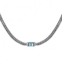 Sterling Silver 18 Inch 7x4mm Dome Weave Necklace with 9x11mm Blue Topaz and 1.6mm White Sapphire Center and Fancy Lobster Clasp