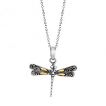 18kt Yellow Gold and Sterling Silver Oxidized 18 Inch Single Dragonfly Pendant with Rhodium Finish Rolo Chain.