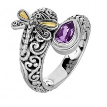 18kt Yellow Gold and Sterling Silver with Oxidized Finish Shiny 18-4.2mm Amethyst Bypass Type Graduated Dragonfly Fancy Ring