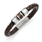 Chisel Stainless Steel Polished Brown Leather Black Rubber Bracelet photo