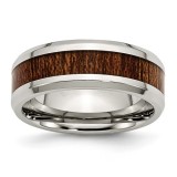 Chisel Stainless Steel Polished Brown Wood Inlay Enameled 8.00mm Men's Ring photo