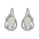 10k White Gold Oval Opal And Diamond Teardrop Earrings photo