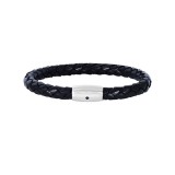 Sterling Silver 8 Inch Rhodium Finish Shiny Black Weaved Cow Leather Bracelet With 1-Sapphire on Barrel Magnetic Clasp photo