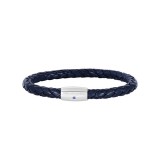 Sterling Silver 8 Inch Rhodium Finish Shiny Blue Weaved Cow Leather Bracelet With 1-Sapphire on Barrel Magnetic Clasp photo