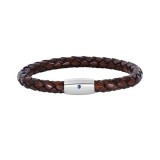 Sterling Silver 8 Inch Rhodium Finish Shiny Brown Weaved Cow Leather Bracelet With 1-Sapphire on Barrel Magnetic Clasp photo